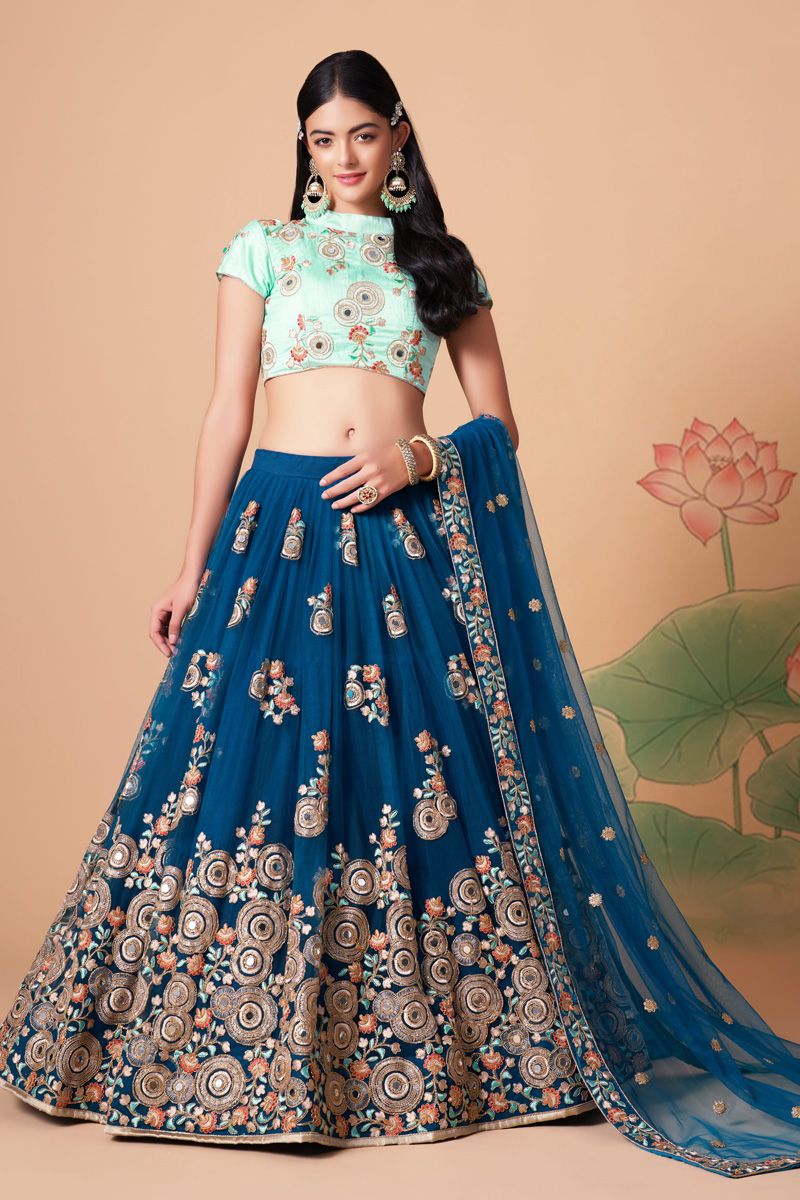 Incredible Sangeet Wear Net Fabric Blue Color Lehenga Choli