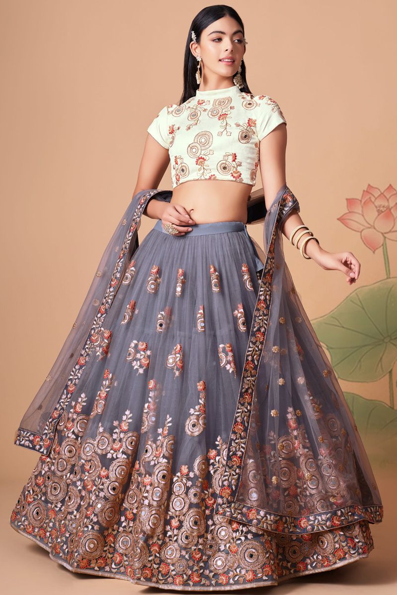 Engaging Grey Color Net Fabric Lehenga Choli In Sangeet Wear