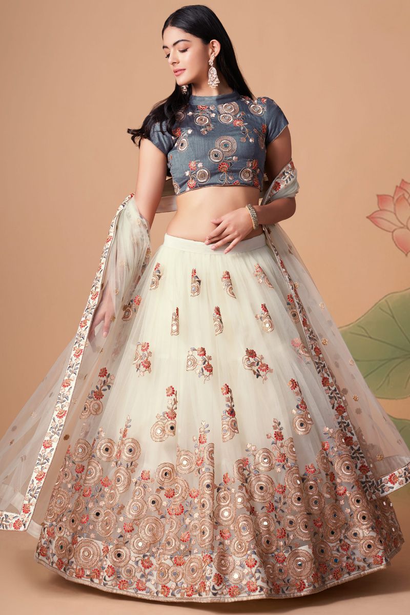 Classic Sangeet Wear Off White Color Lehenga Choli In Net Fabric