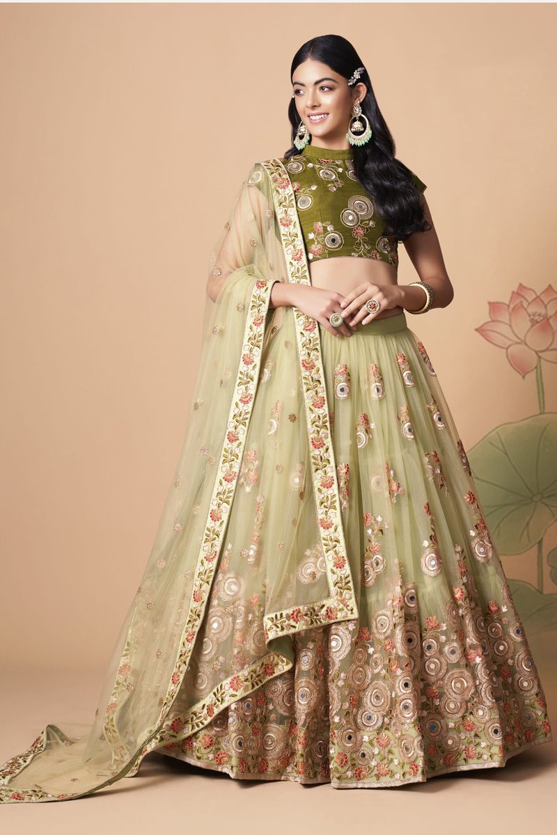 Mesmeric Beige Color Sangeet Wear Lehenga Choli In Net Fabric