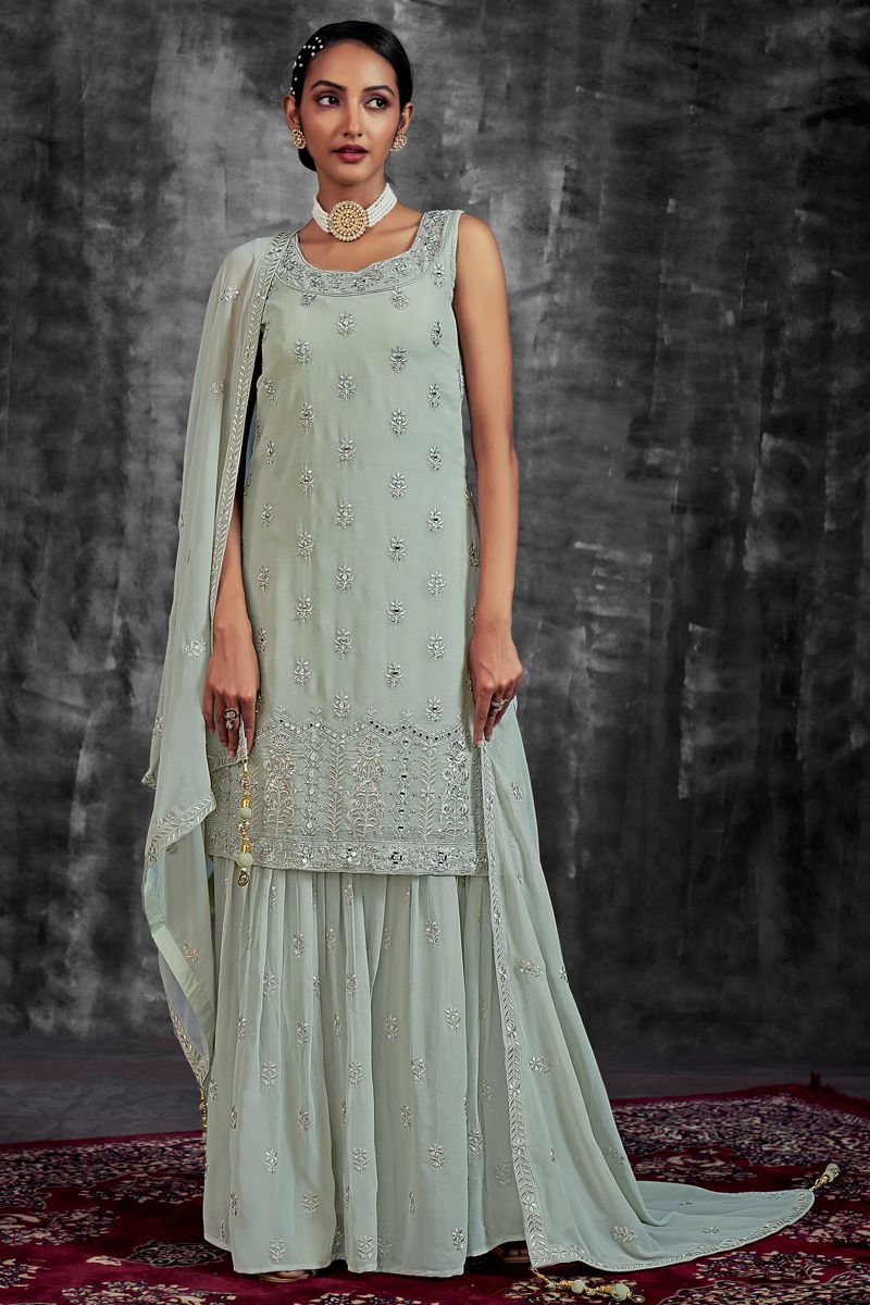 Georgette Fabric Function Look Beatific Sharara Suit In Sea Green Color