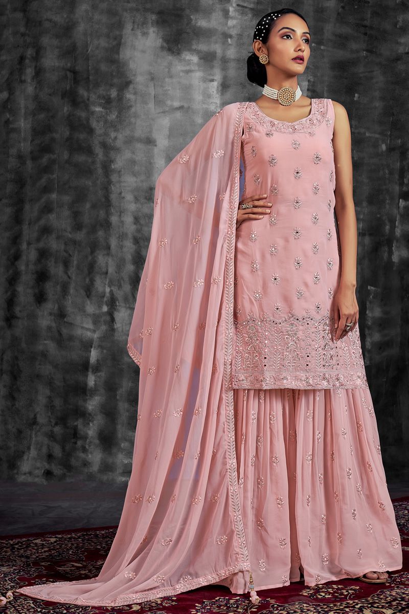 Pink Color Georgette Fabric Alluring Function Look Sharara Suit