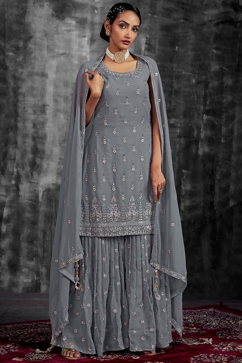 Georgette Fabric Dark Grey Color Function Look Elegant Sharara Suit