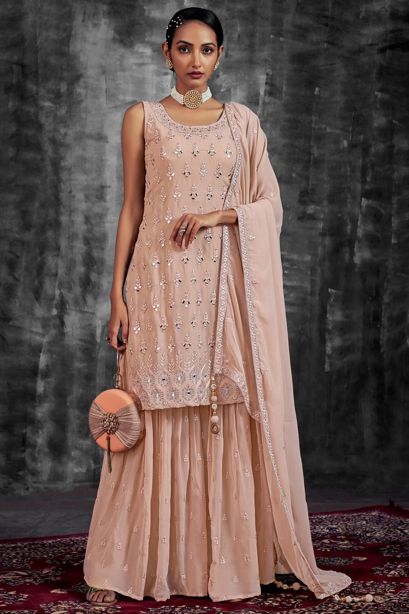 Peach Color Georgette Fabric Function Look Vintage Sharara Suit