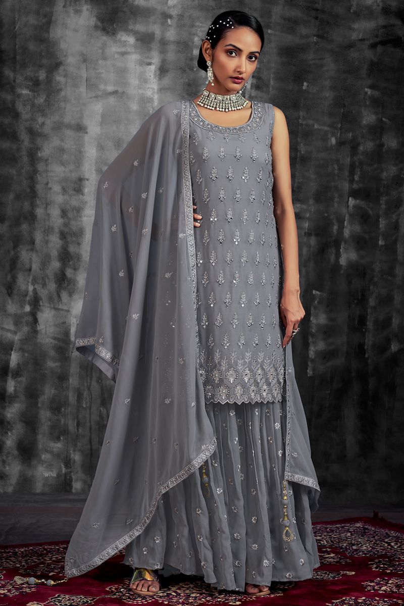 Grey Color Georgette Fabric Adorming Function Look Sharara Suit