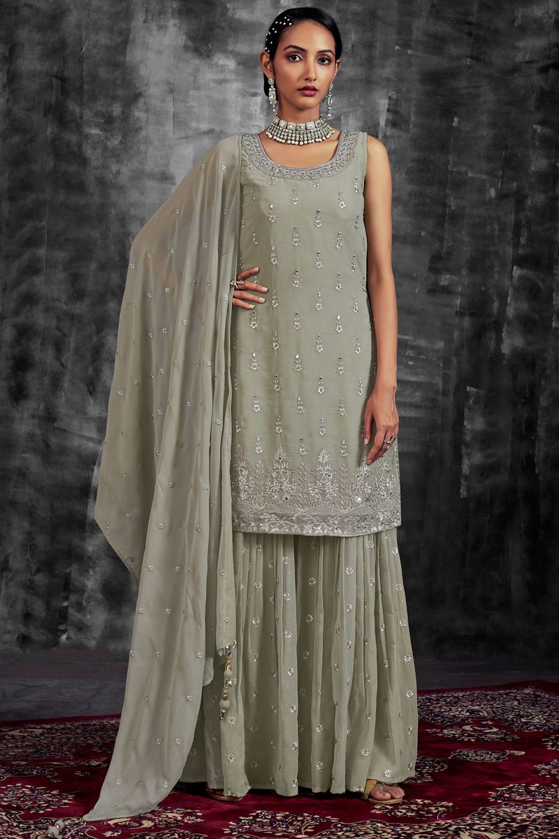 Sea Green Color Georgette Fabric Function Look Tempting Sharara Suit