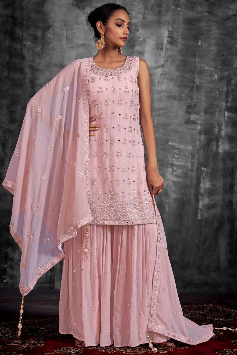 Pink Color Georgette Fabric Function Look Awesome Sharara Suit