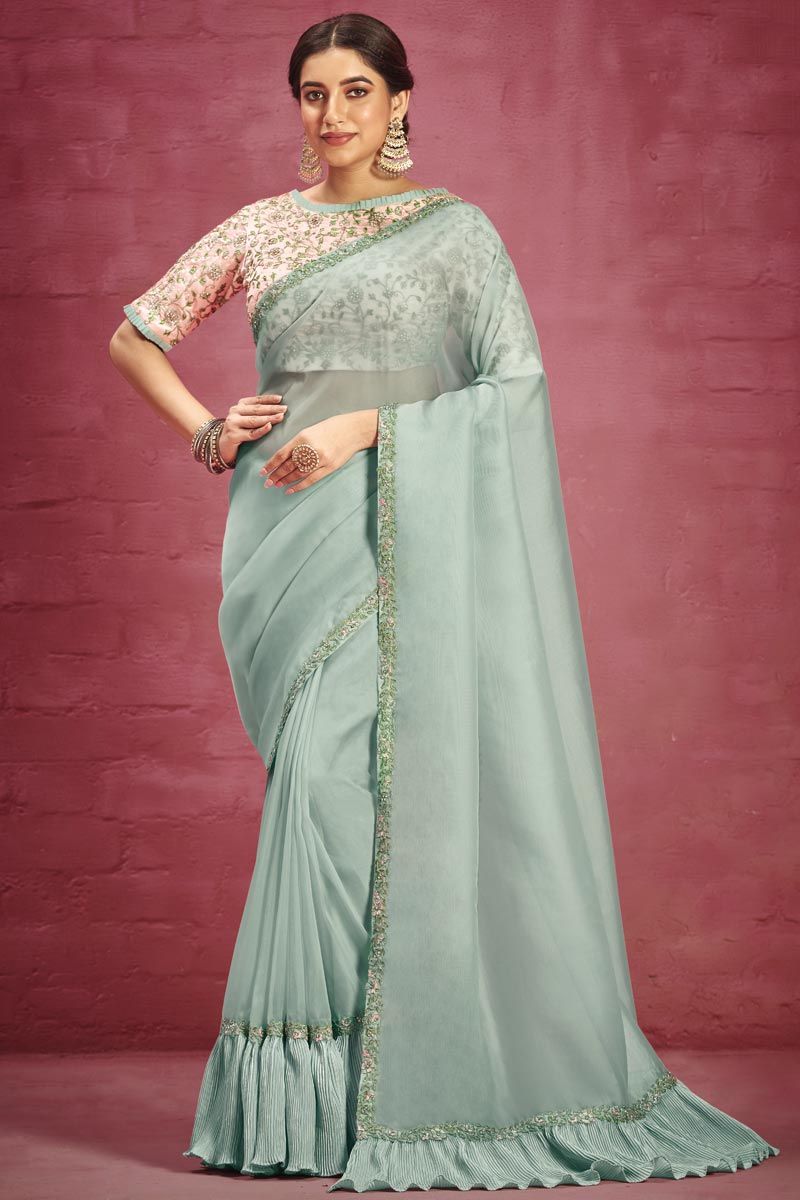 Light Cyan Color Organza Coveted Saree With Border Work