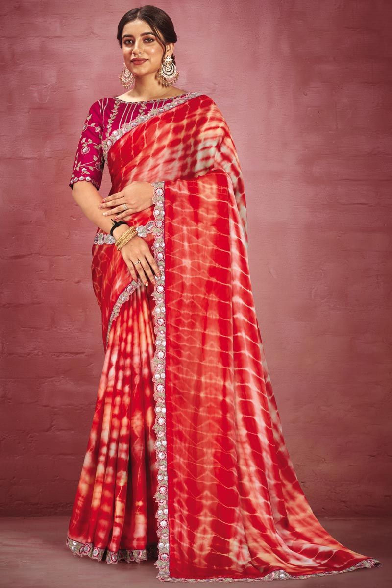 Georgette Red Color Riveting Saree With Border Work