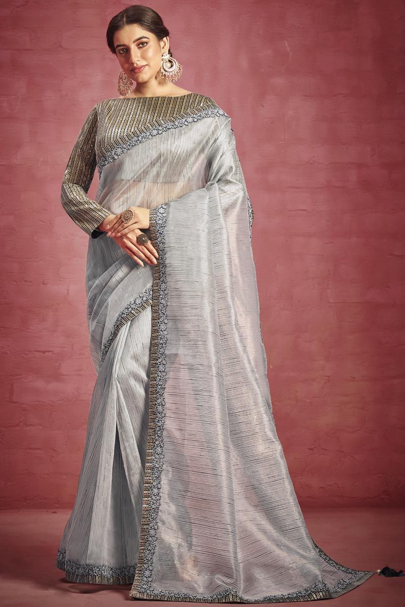 Organza Grey Color Excellent Saree With Border Work