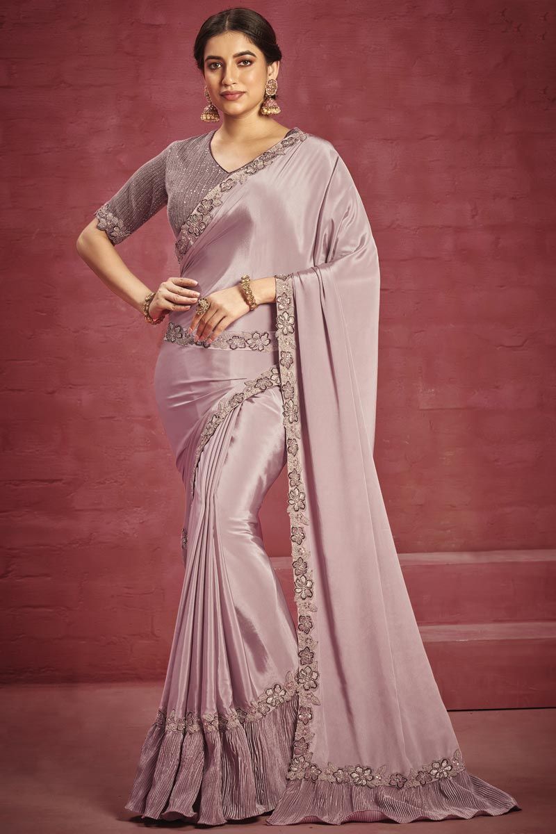 Border Work On Lavender Color Crepe Princely Saree