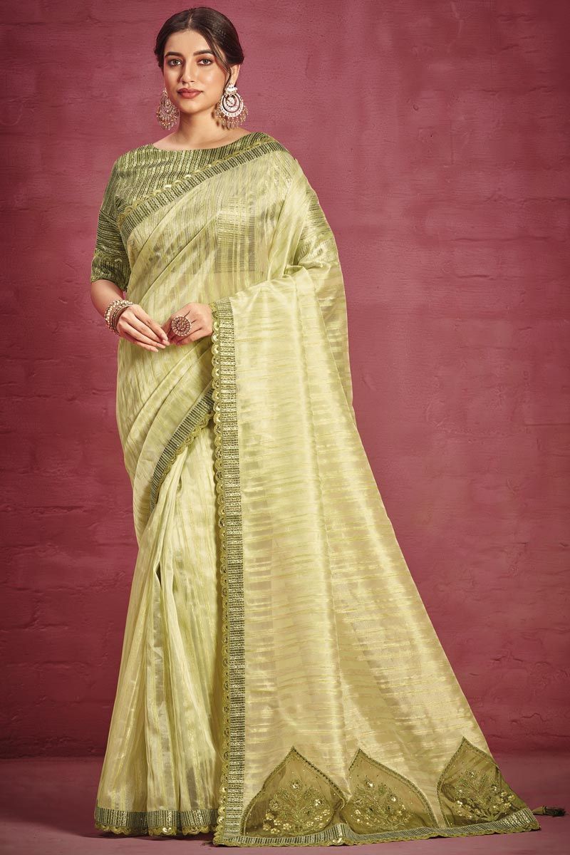 Organza Green Color Patterned Saree With Border Work