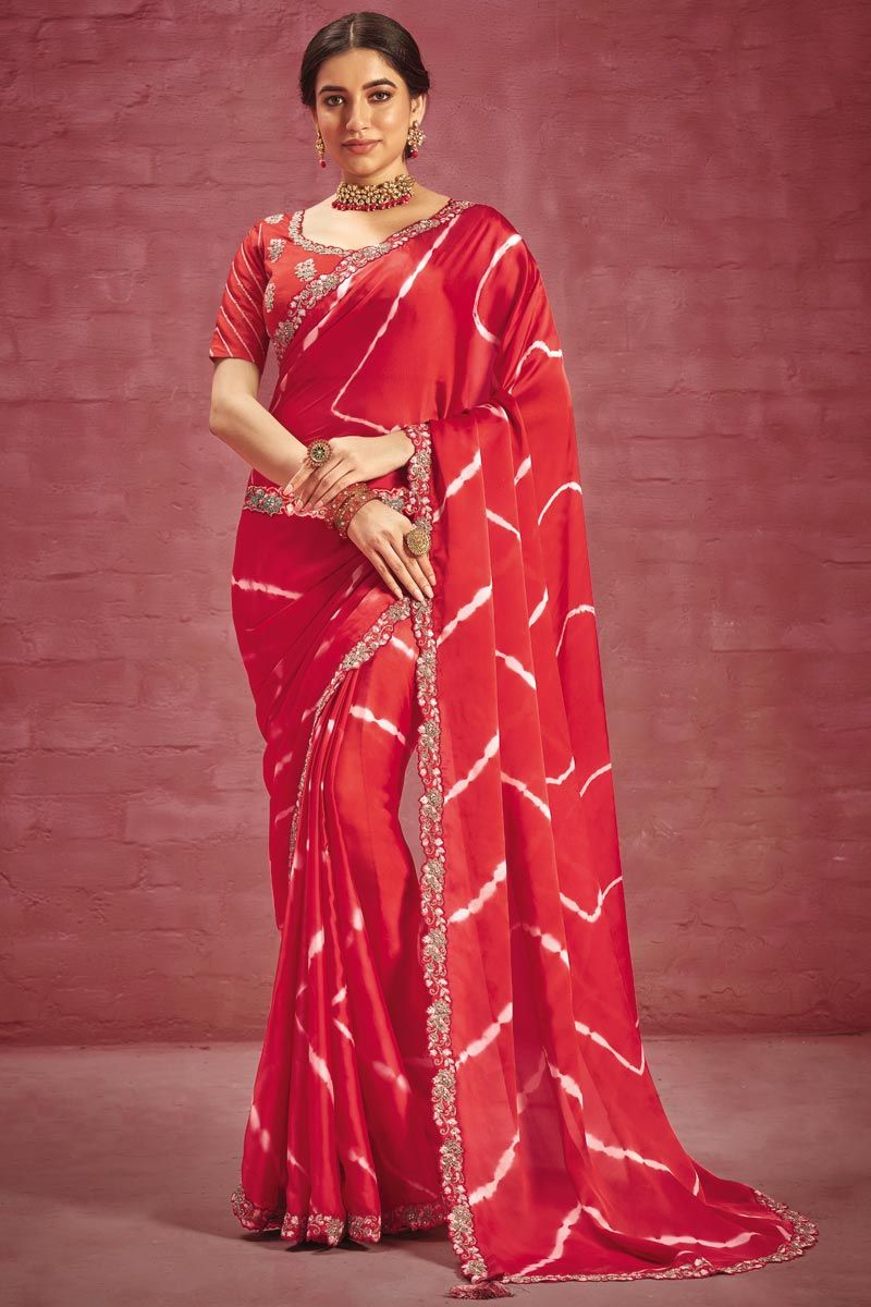 Red Color Georgette Engaging Saree With Border Work