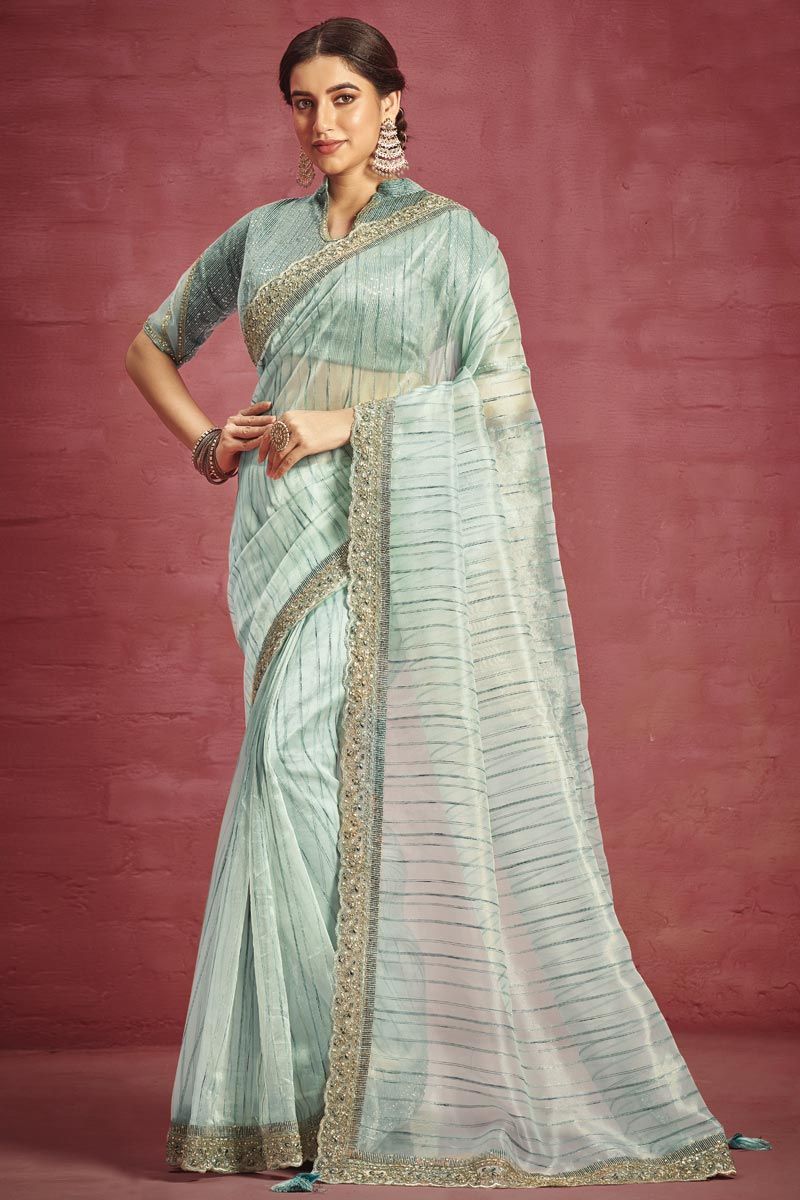 Border Work On Sea Green Color Sober Saree In Organza Fabric