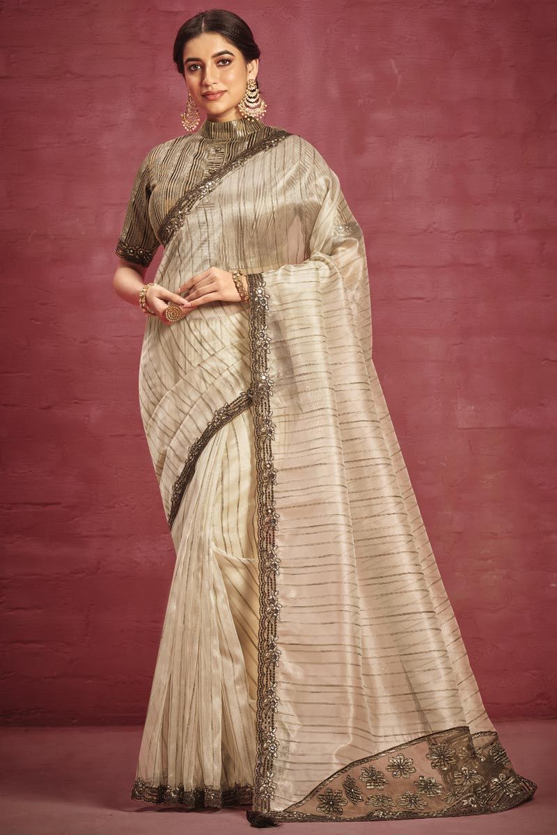 Organza Beige Color Saree With Border Work