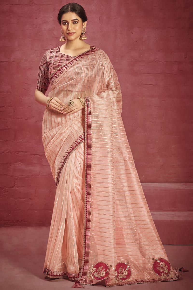 Border Work On Peach Color Organza Saree