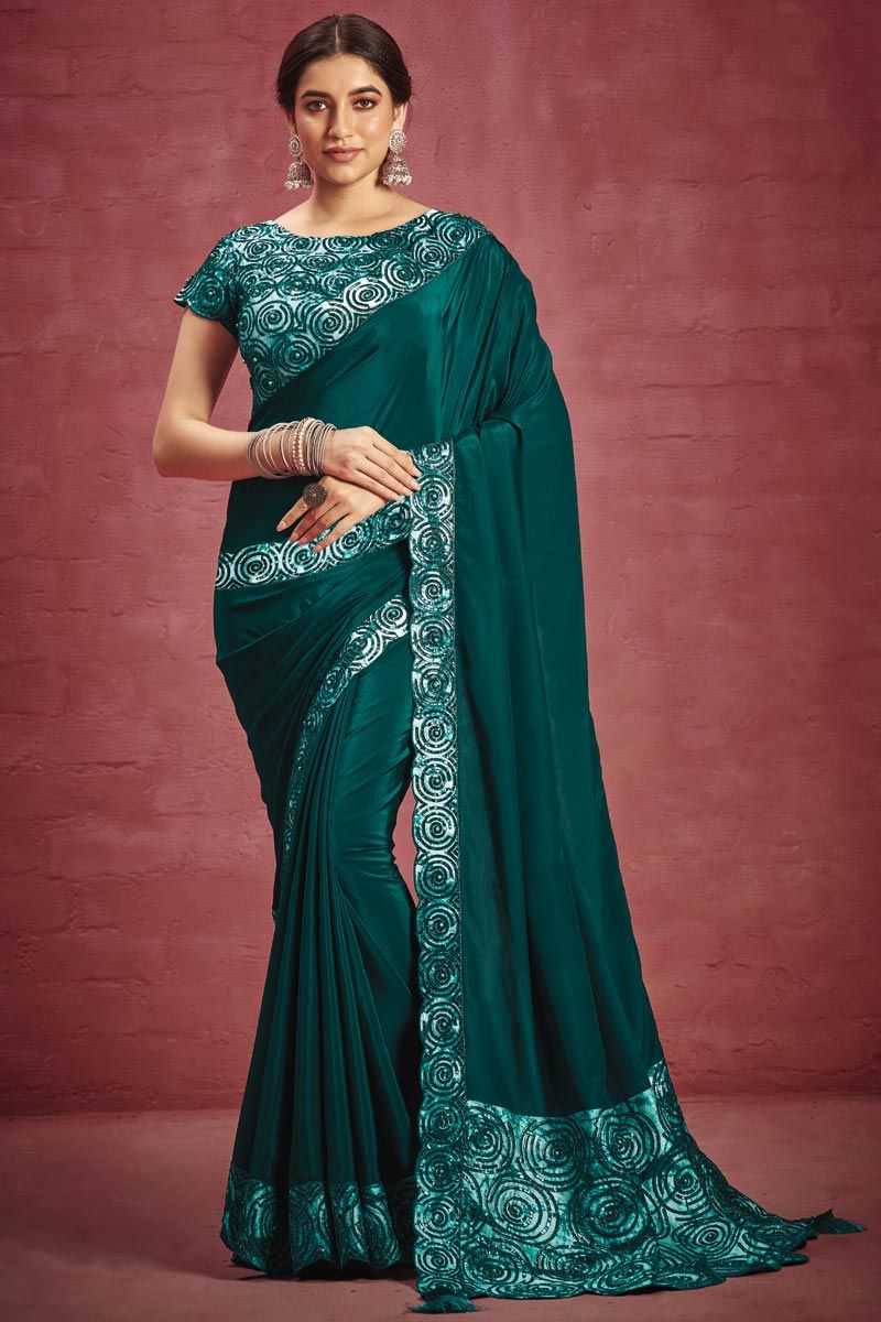 Teal Color Crepe Special Saree With Border Work