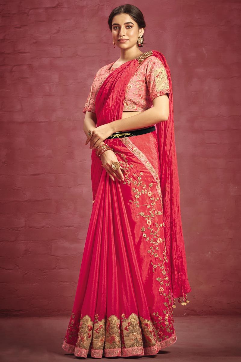 Crepe Pink Color Pleasance Saree With Embroidered Work