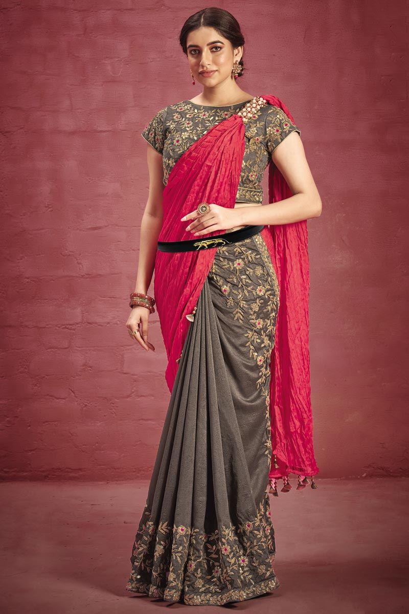 Embroidered Work On Crepe Bewitching Saree In Grey Color