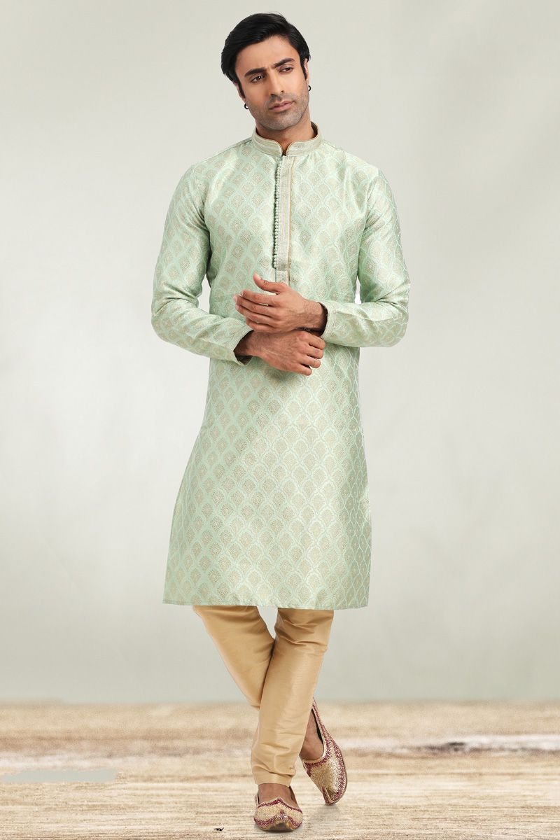 Sea Green Color Sangeet Wear Kurta Pyjama In Charming Jacquard Fabric