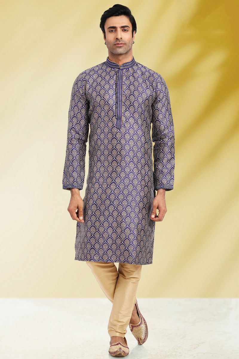 Blazing Purple Color Jacquard Fabric Sangeet Wear Kurta Pyjama