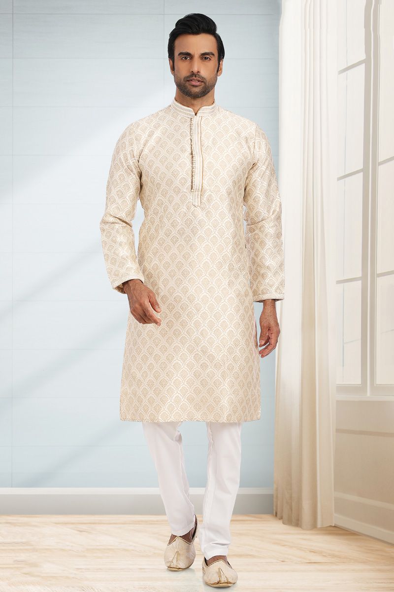 Jacquard Fabric Cream Color Sangeet Wear Designer Kurta Pyjama