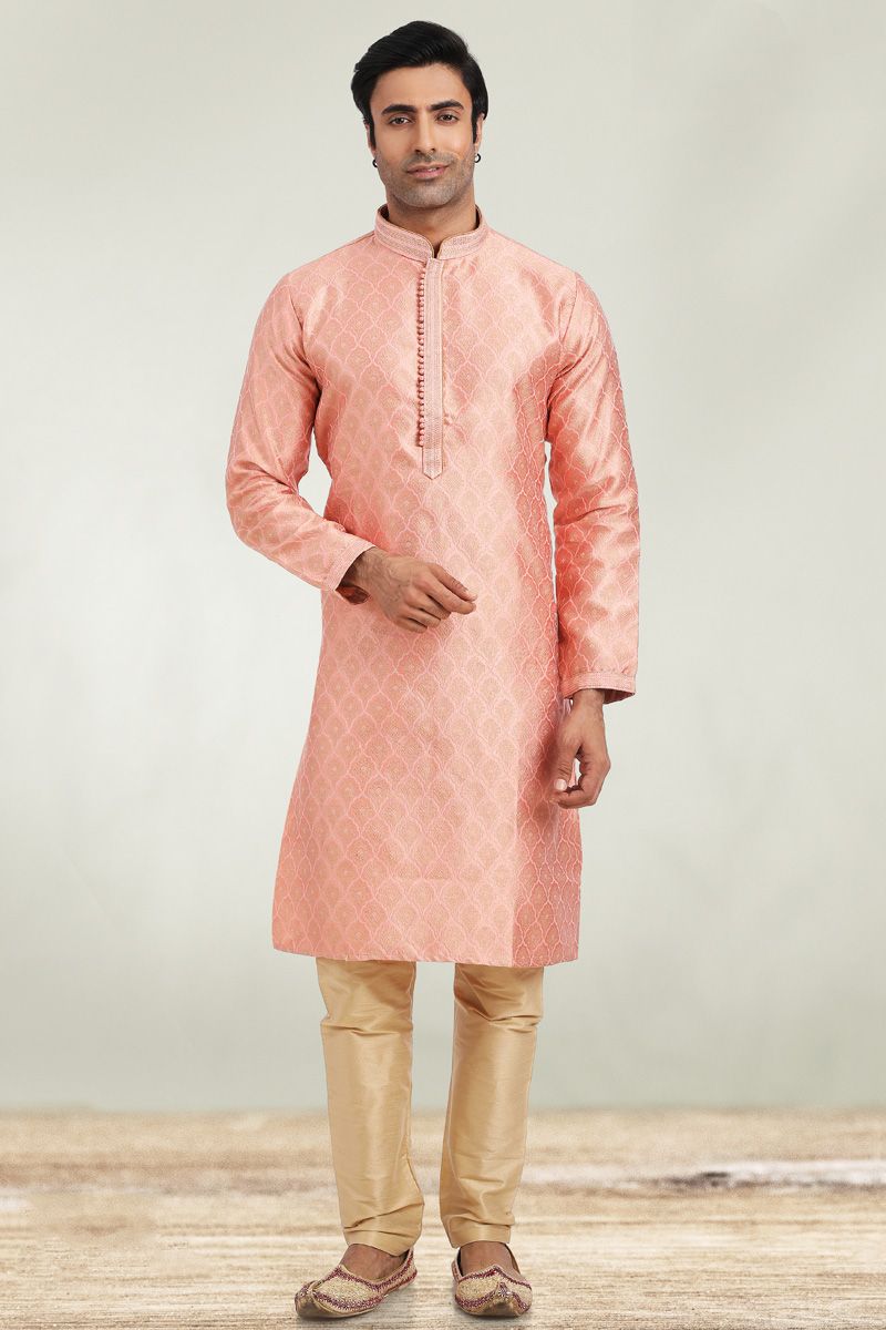 Peach Color Jacquard Fabric Luxurious Kurta Pyjama In Sangeet Wear