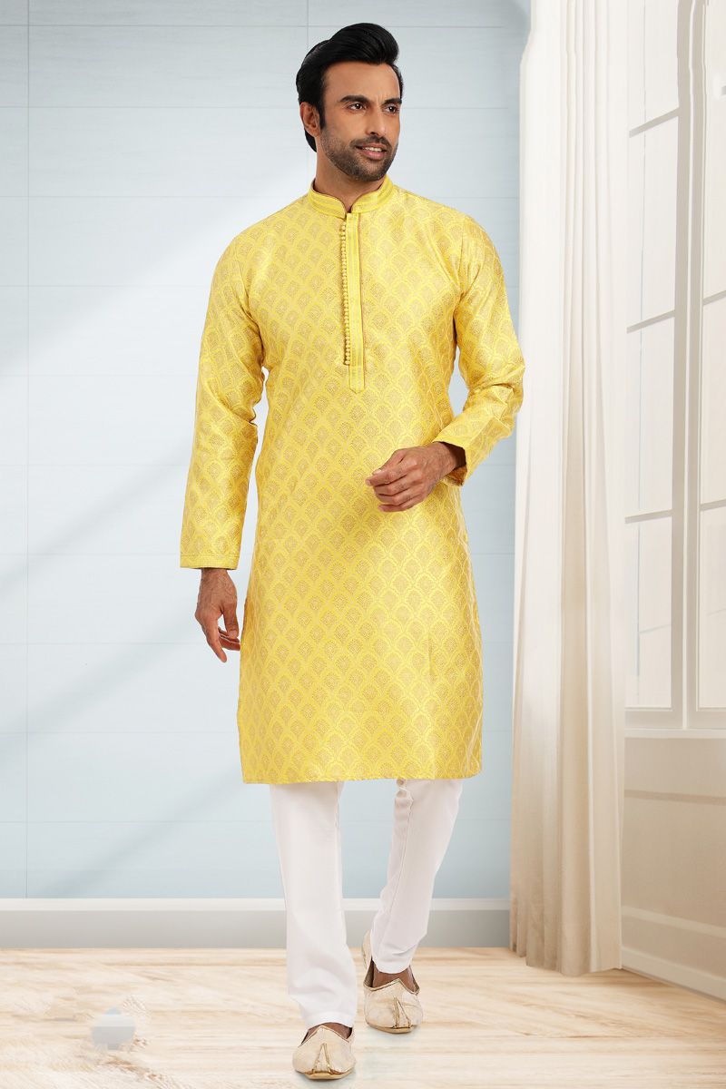 Incredible Jacquard Fabric Sangeet Wear Yellow Color Kurta Pyjama