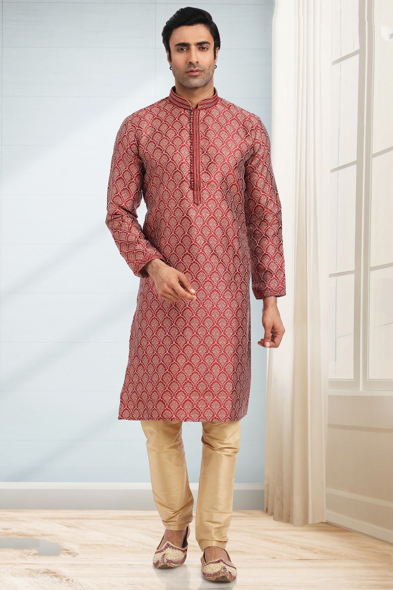 Jacquard Fabric Red Color Lavish Sangeet Wear Kurta Pyjama