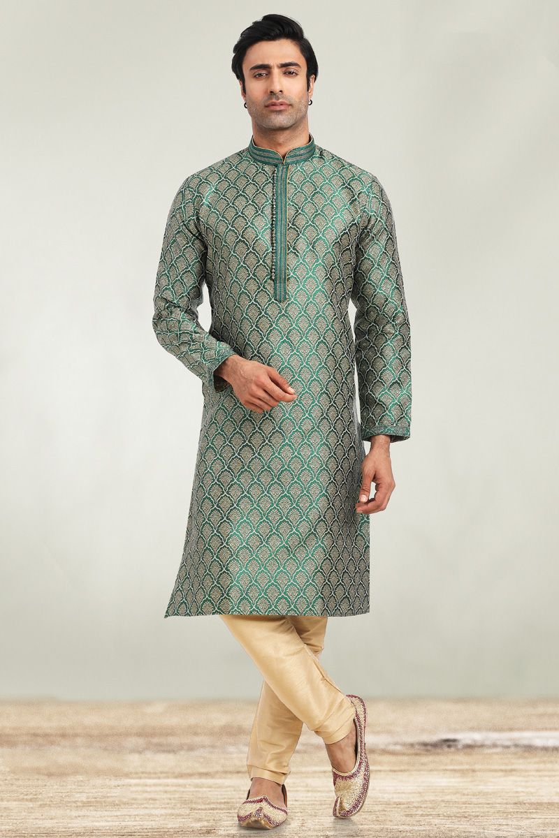 Magnificent Sangeet Wear Jacquard Fabric Green Color Kurta Pyjama