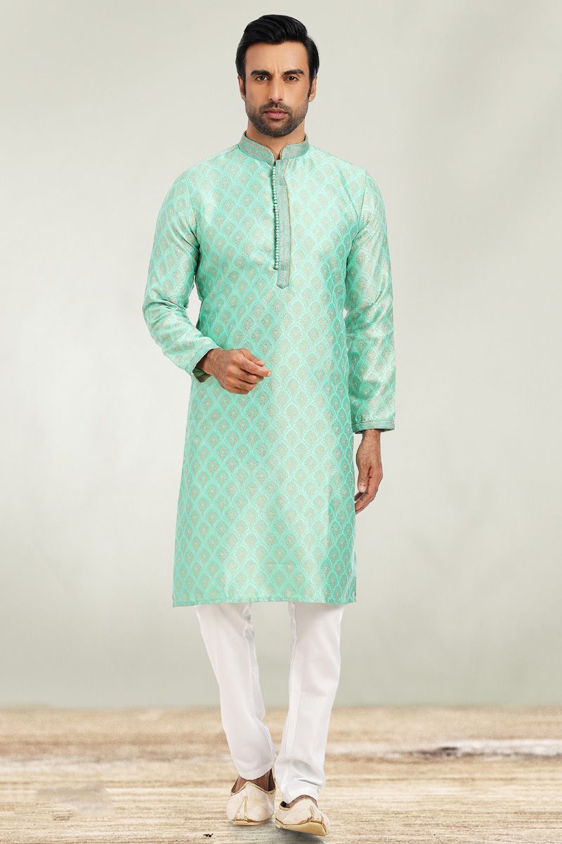 Sea Green Color Sangeet Wear Splendid Kurta Pyjama In Jacquard Fabric