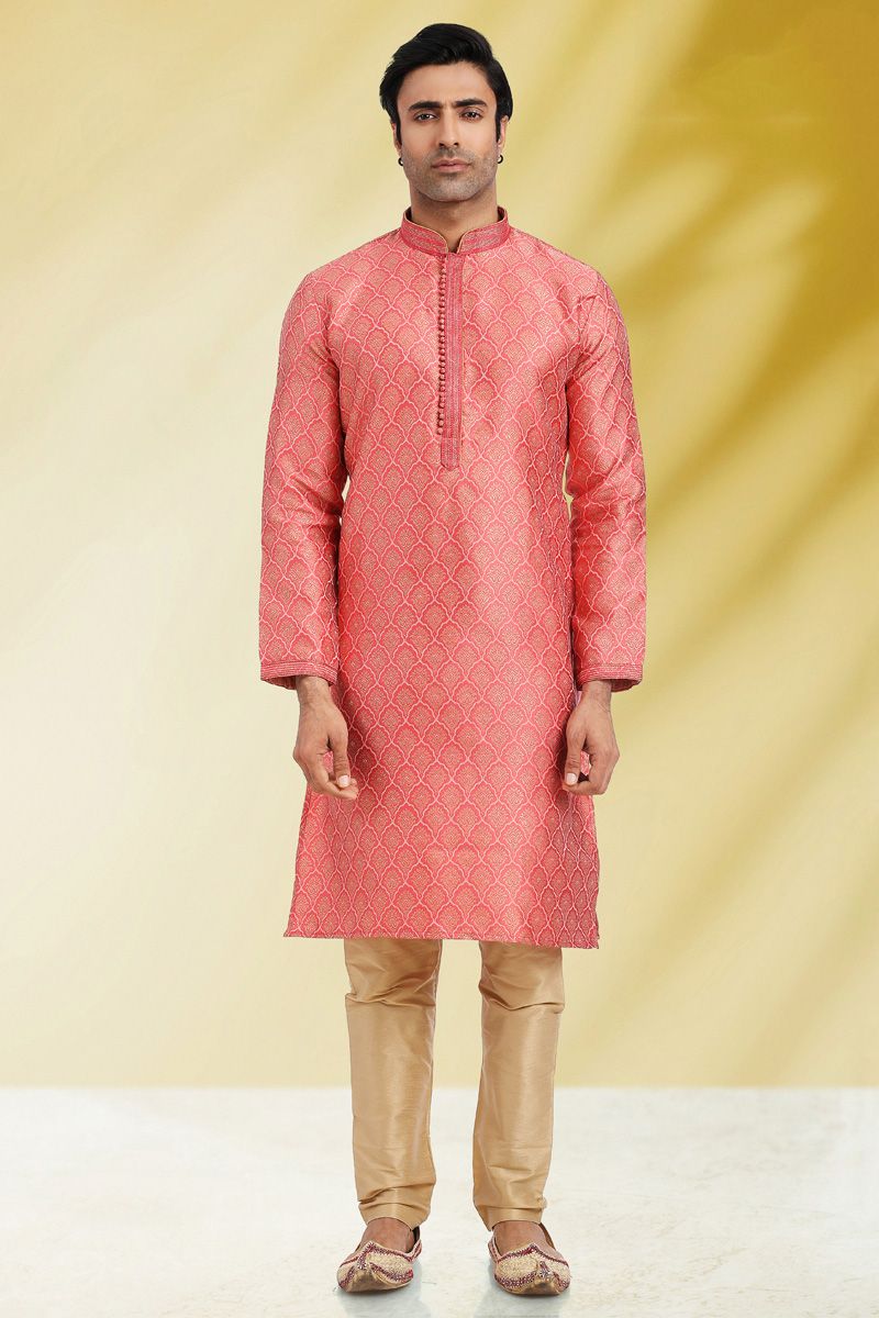 Jacquard Fabric Brilliant Sangeet Wear Kurta Pyjama In Pink Color