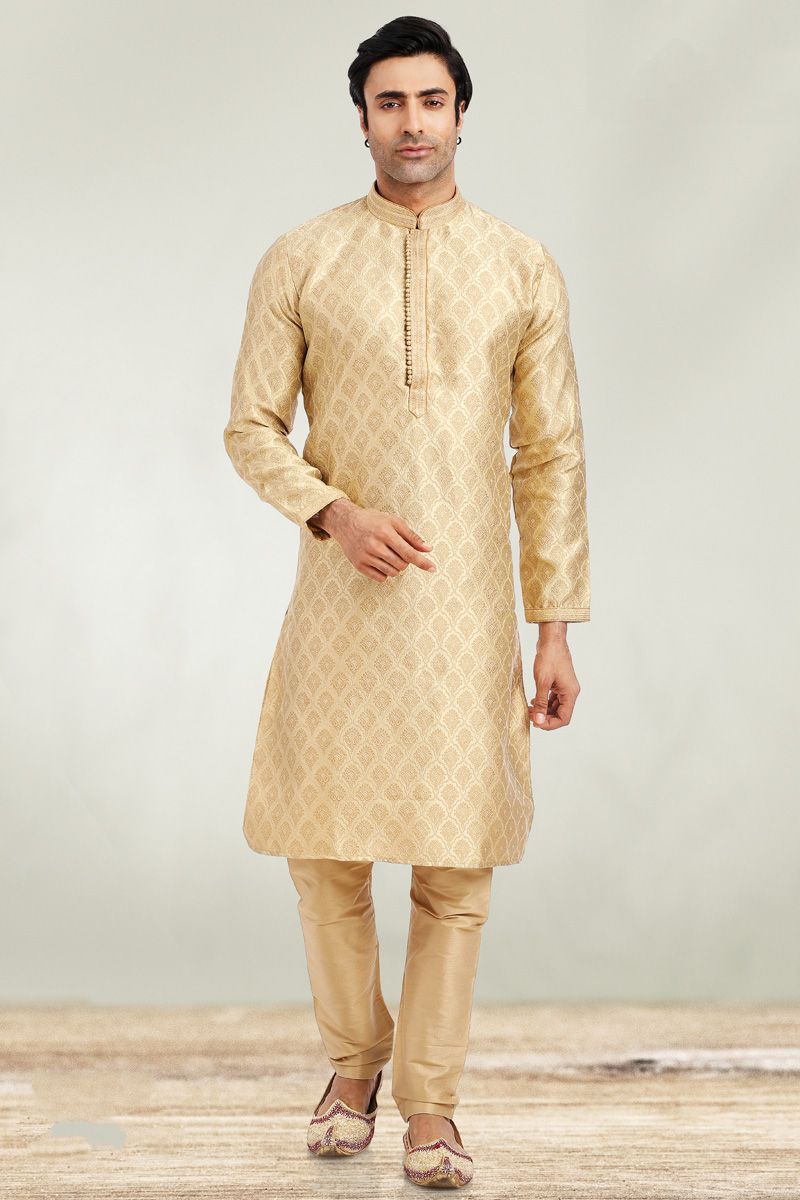 Jacquard Fabric Golden Color Stunning Kurta Pyjama In Sangeet Wear