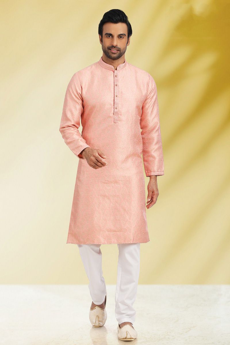 Jacquard Fabric Brilliant Festival Wear Kurta Pyjama In Peach Color