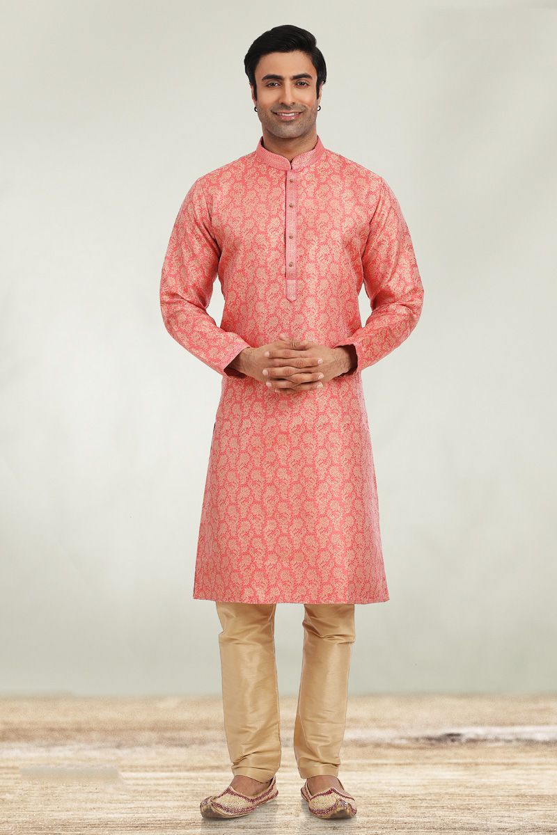 Jacquard Fabric Pink Color Stunning Kurta Pyjama In Festival Wear