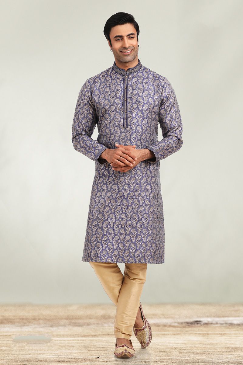 Blue Color Festival Wear Kurta Pyjama In Charming Jacquard Fabric