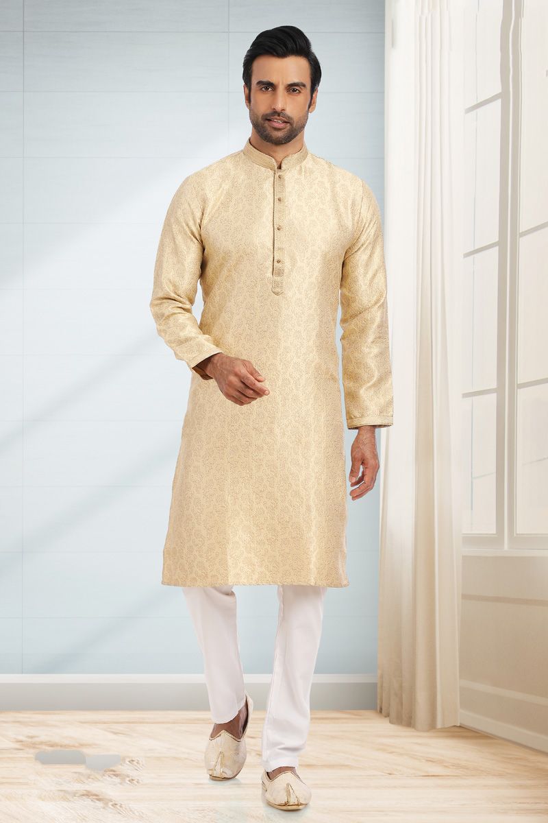 Blazing Cream Color Jacquard Fabric Festival Wear Kurta Pyjama