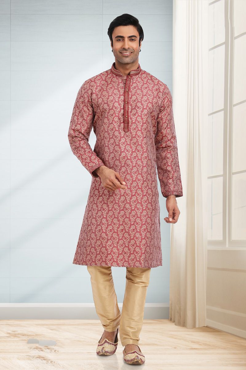 Jacquard Fabric Red Color Festival Wear Designer Kurta Pyjama