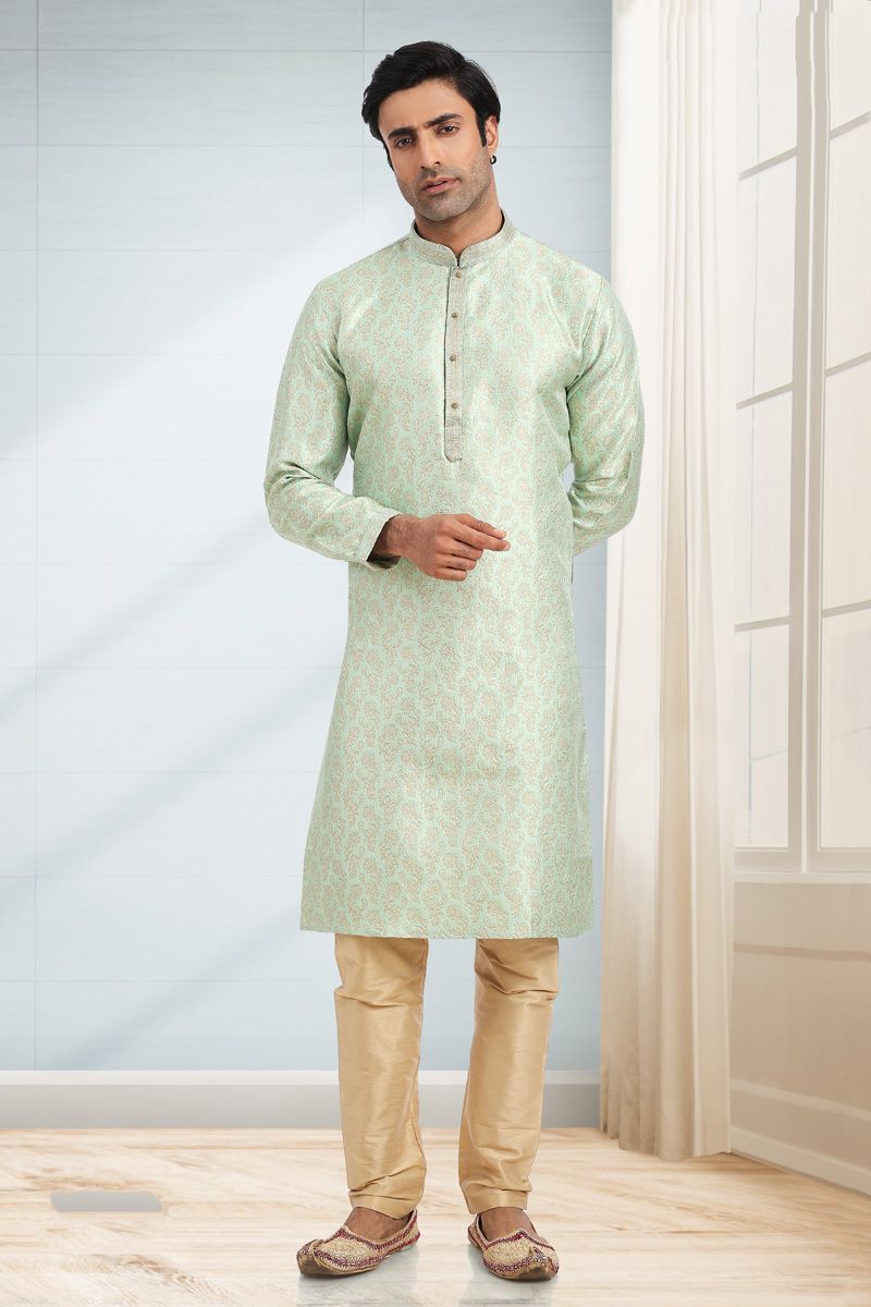 Sea Green Color Jacquard Fabric Luxurious Festival Wear Kurta Pyjama