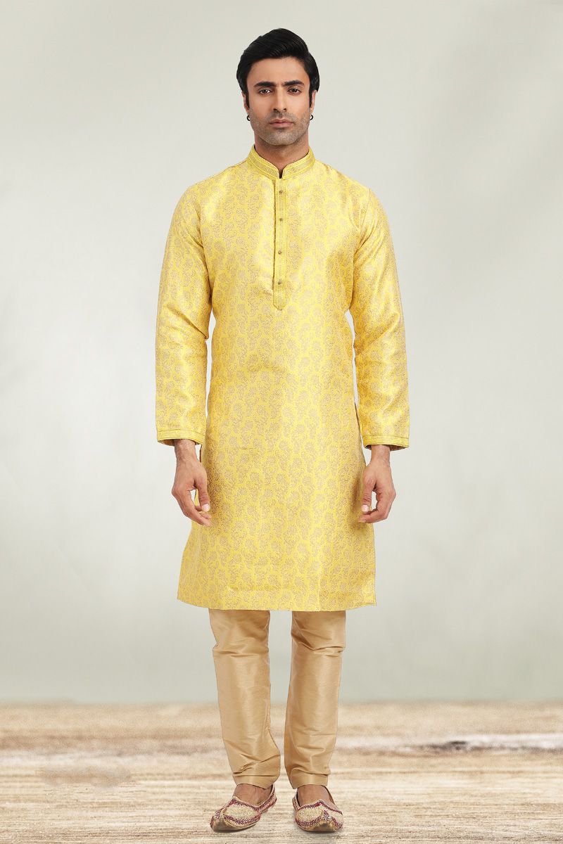 Yellow Color Jacquard Fabric Amazing Festival Wear Kurta Pyjama