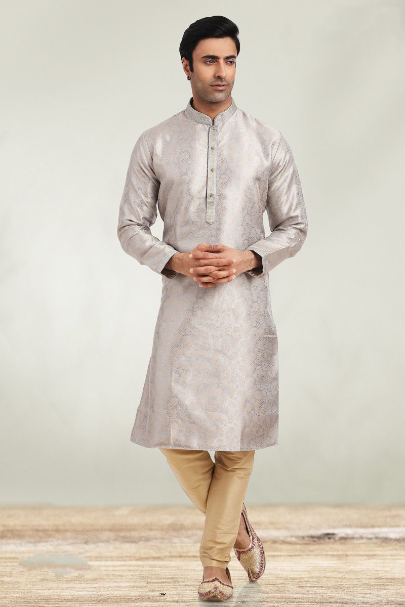 Jacquard Fabric Grey Color Lavish Festival Wear Kurta Pyjama