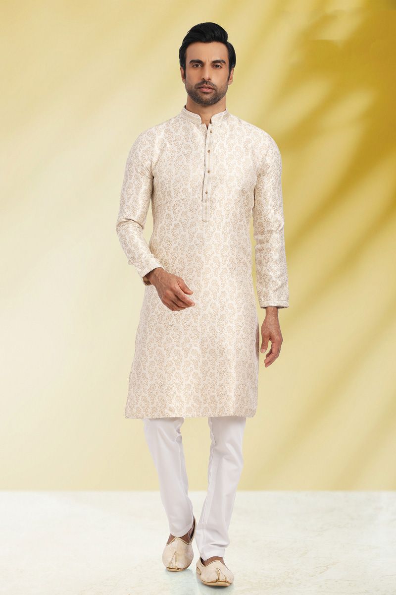 Magnificent Festival Wear Jacquard Fabric White Color Kurta Pyjama