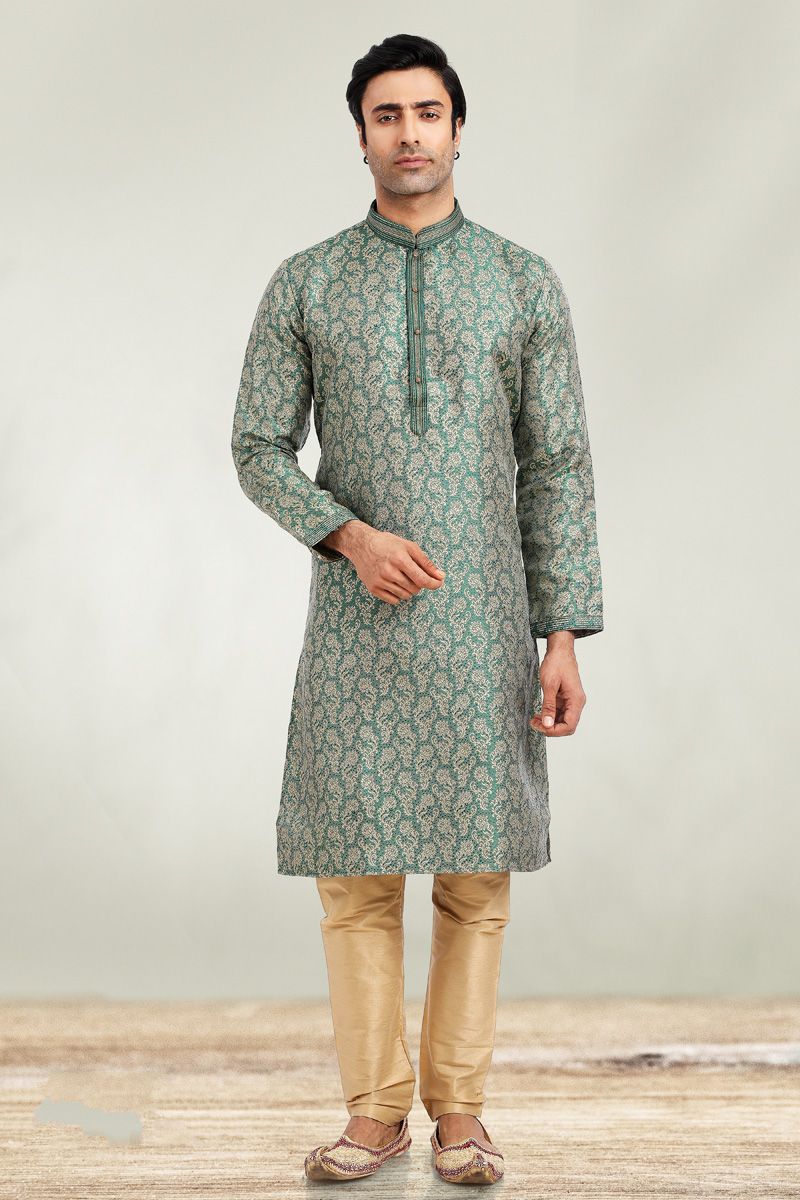 Green Color Festival Wear Splendid Kurta Pyjama In Jacquard Fabric