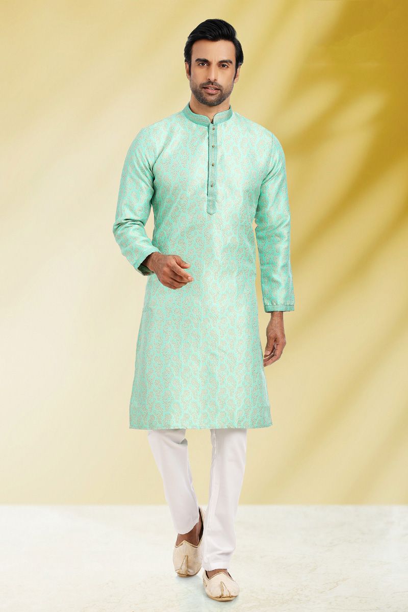 Sea Green Color Jacquard Fabric Luxurious Kurta Pyjama In Festival Wear