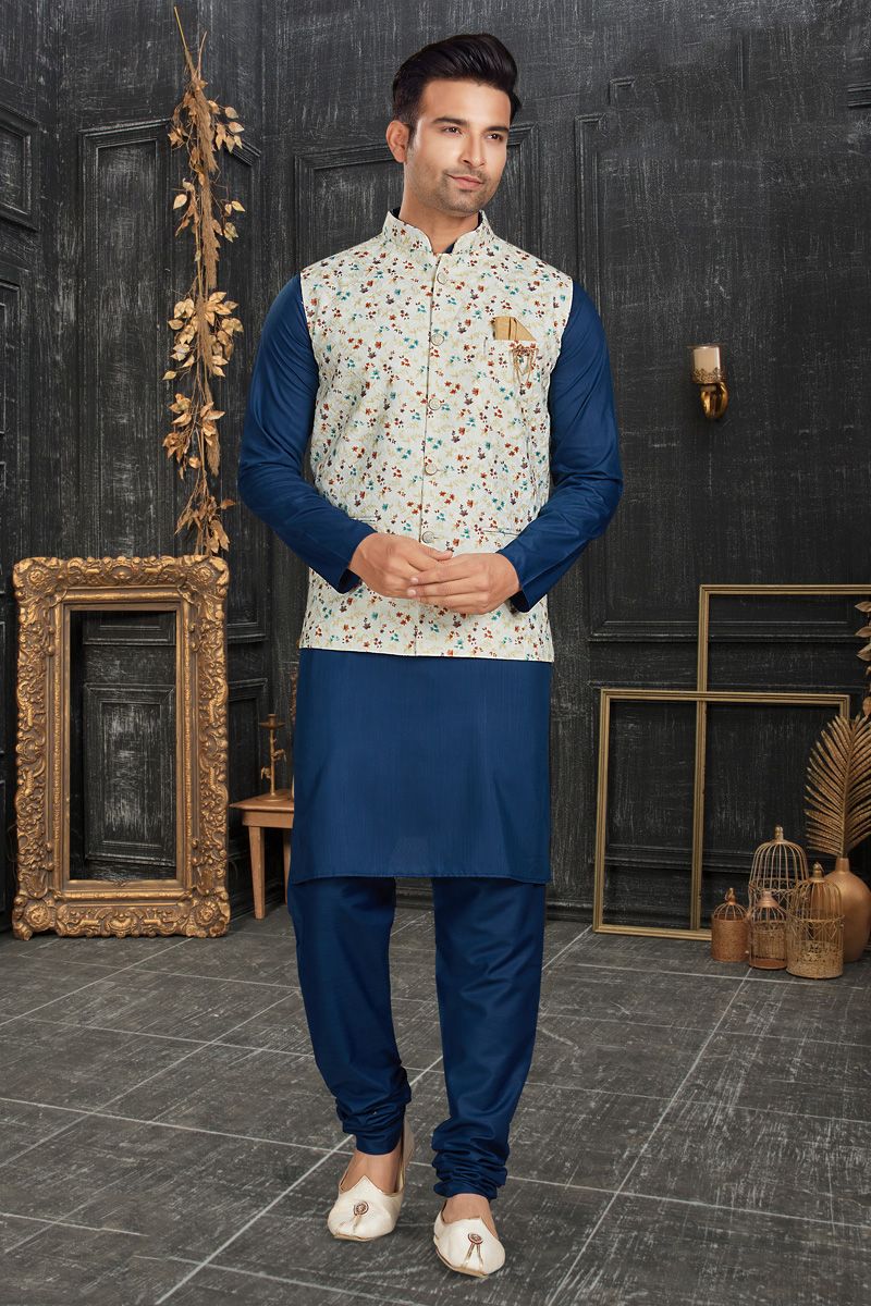 Engaging Blue Color Cotton Fabric Kurta Pyjama With Nehru Jacket Jacket