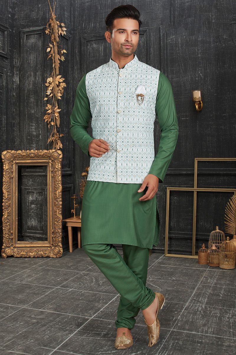 Aristocratic Green Color Cotton Fabric Kurta Pyjama Jacket Set