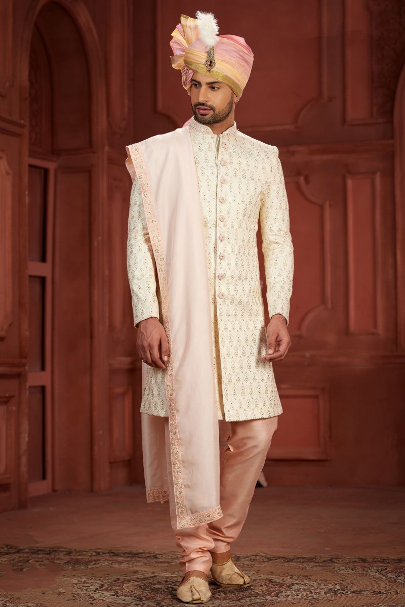 Wedding Wear Pure Silk Cream Readymade Attractive Sherwani