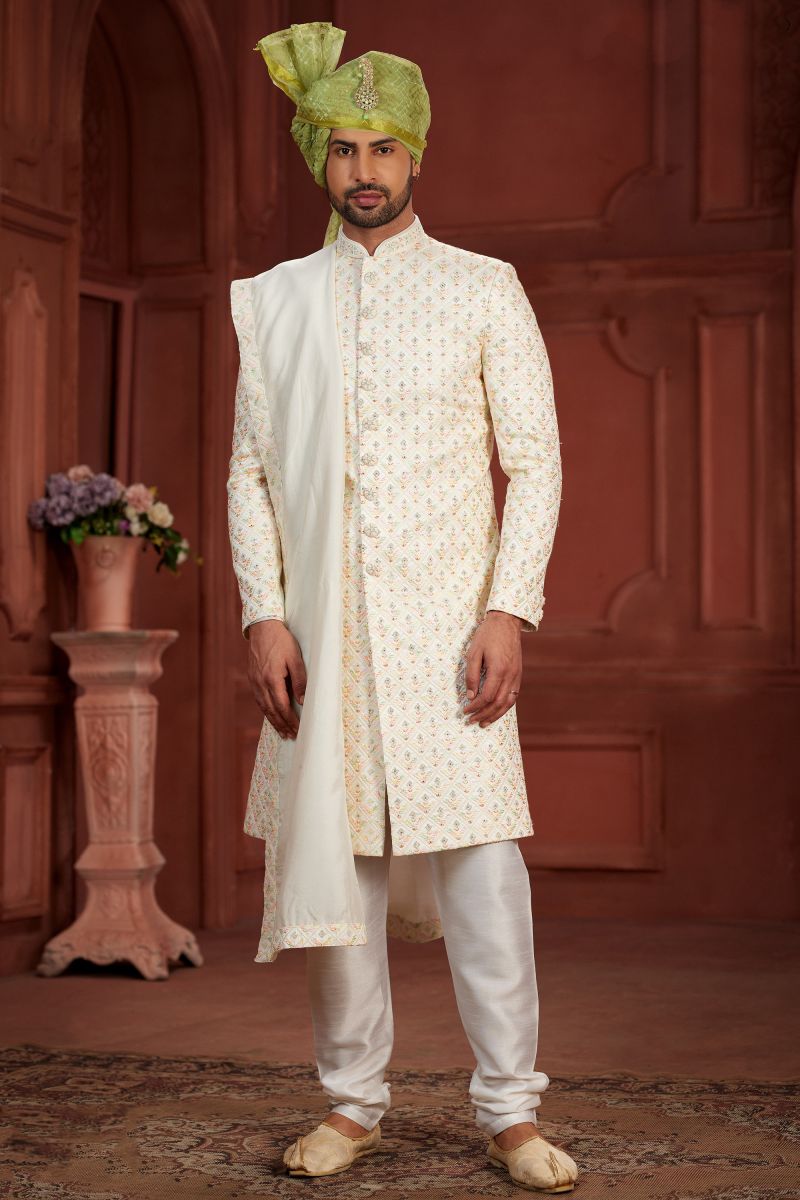 Beige Blazing Wedding Wear Readymade Sherwani In Pure Silk Fabric