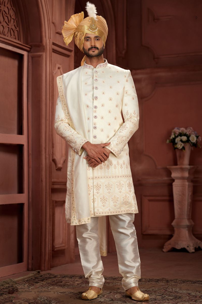 Off White Pure Silk Wedding Wear Readymade Sherwani For Men