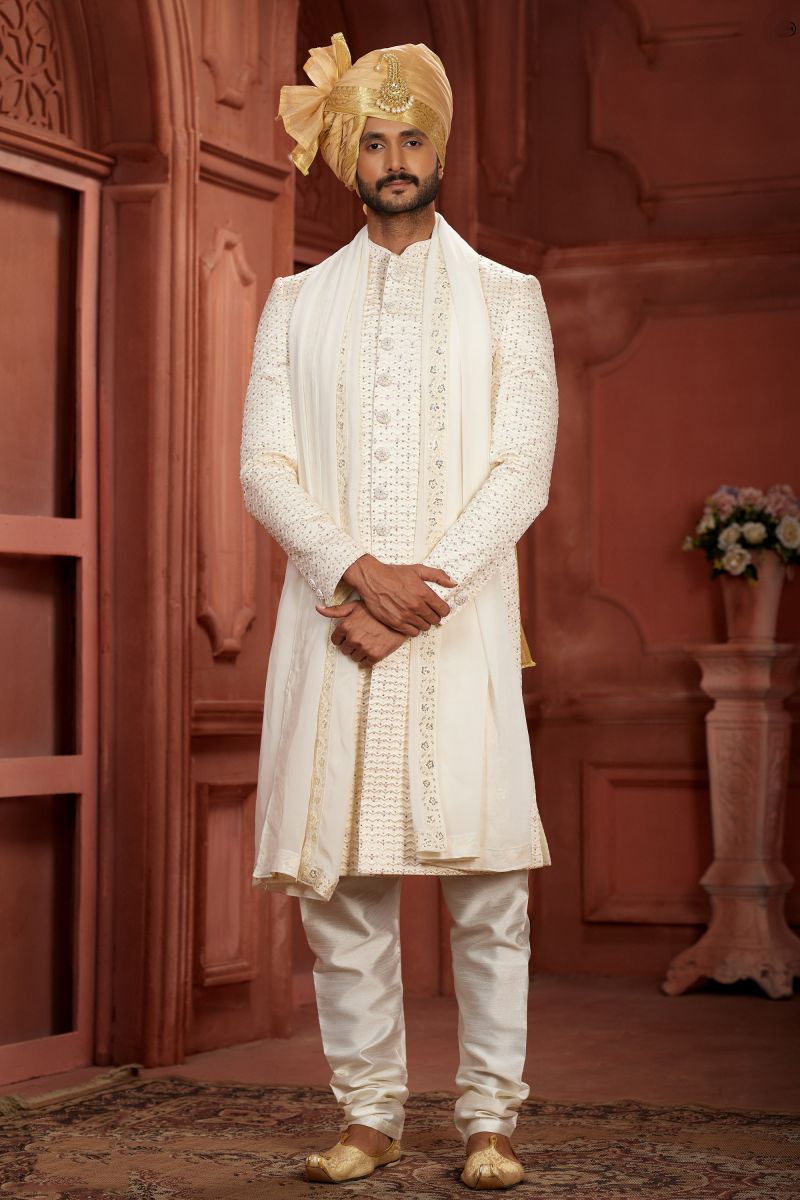 Pure Silk Cream Designer Readymade Sherwani For Men